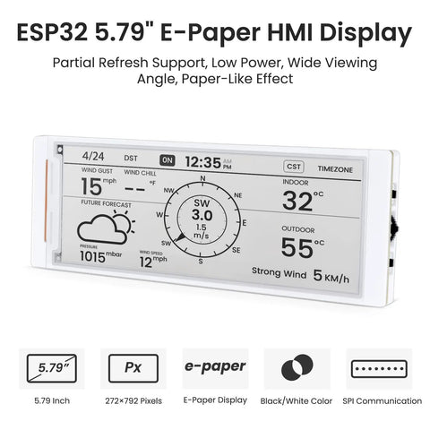 ESP32 S3 Powered 5.79 Inch E Ink Display E Paper HMI Module With SPI Interface Low Power Power Off Retention Dope Development Friendly For DIY IoT Projects And Handheld Gadgets Crisp Black White Display Battery Saver weather dashboard view