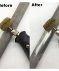 Before and after using Premium Small Nylon Fiber Grinding Heads For Rotary Tool Buffing Set on metal surface.