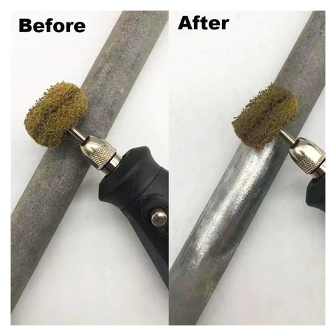 Before and after using Premium Small Nylon Fiber Grinding Heads For Rotary Tool Buffing Set on metal surface.