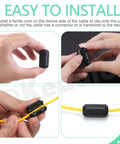 Clip-On Ferrite Ring Core EMI RFI Noise Suppressor Kit being installed on yellow cable; four-step process.