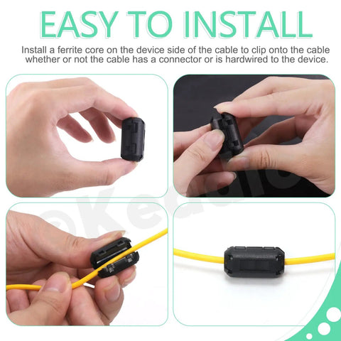 Clip-On Ferrite Ring Core EMI RFI Noise Suppressor Kit being installed on yellow cable; four-step process.
