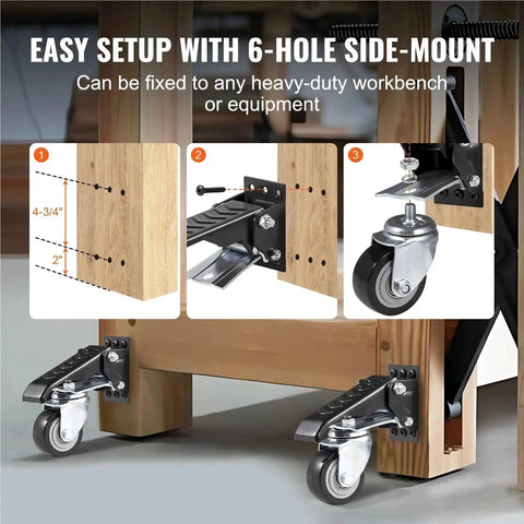Easy setup instructions for Rugged 2.5 Inch Retractable Step Down Caster Wheels Set Of 4 with side-mount for heavy equipment.