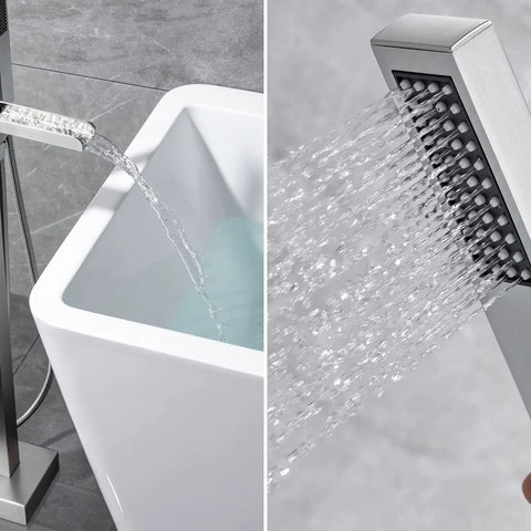 Freestanding Bathtub Faucet Floor Standing Waterfall Filler Brass One-Handle Bath Faucet With Hand Shower Brushed Nickel Finish