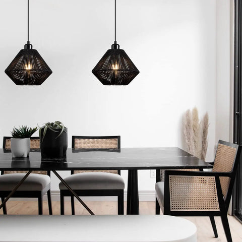 2 Pack Woven Plug In Pendant Lights Black Rustic Farmhouse Style With Cord And On Off Switch For Kitchen Island
