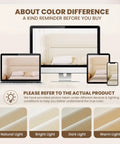 Queen Size Platform Bed Frame With Plush Velvet Headboard And Extra Thick Wooden Slats Delivers color comparison images under different lighting.