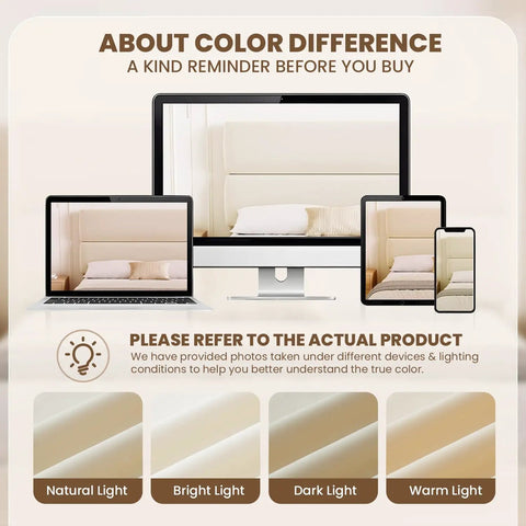 Queen Size Platform Bed Frame With Plush Velvet Headboard And Extra Thick Wooden Slats Delivers color comparison images under different lighting.