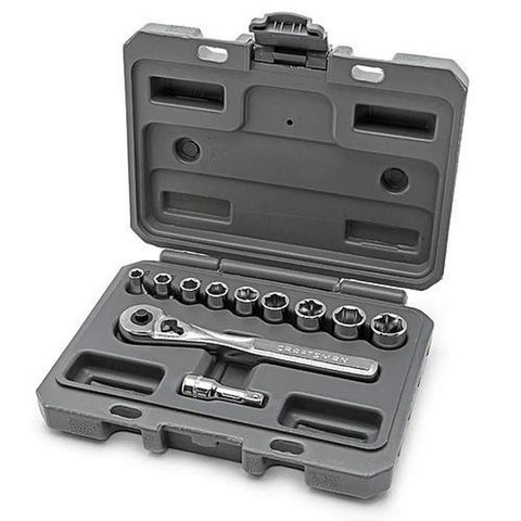 11 Piece Metric Socket Wrench Set With One Quarter Inch Drive Ratchet And One And A Half Inch Extension, Six Point Sockets In Sizes Five Through Eleven Mm in gray plastic case