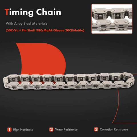 Drop In Engine Timing Chain Kit With Sprocket For V8 GM Engines 5.0L And 5.7L showing alloy steel timing chain with specs