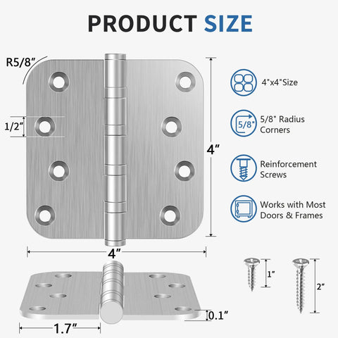 Heavy Duty Ball Bearing Door Hinges 4X4 Brushed Nickel Finish size diagram with dimensions and reinforcement screws.