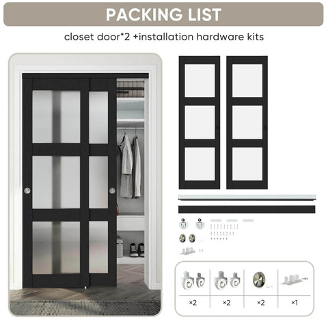 Sliding Closet Door 48 Inch Wide Two Panels Each 24.5 Inch Wide, 3 Lite Frosted Glass Bypass With Hardware Kit and Matching Fascia