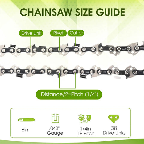 Super Sharp 6 Inch Mini Chainsaw Chain 5 Pack Compatible With Ryobi 18V Pruning Saw size guide showing drive link, rivet, and cutter details.