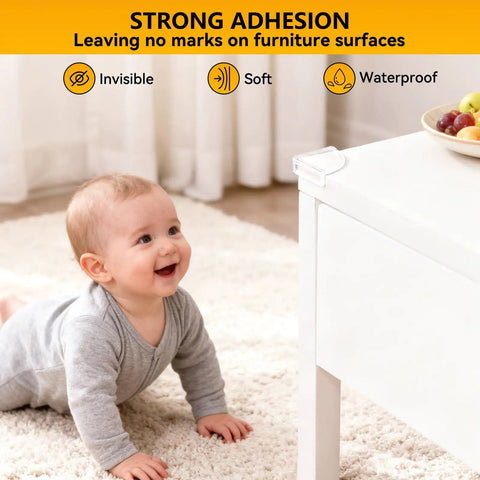 Fan Shaped Furniture Corner Protectors With Strong 3M Adhesive Tape Slam Dunk Edge Guards beside a baby crawling on soft carpet.