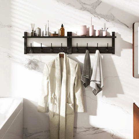 Coat Rack Shelf Wall Mount With 8 Hooks Set Of 2 Thirty One And A Half Inch Floating Shelf And Hat Rack Black Slick in bathroom