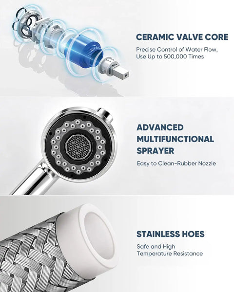 Detailed view of ceramic valve core and multifunctional sprayer for OWOFAN Chrome Kitchen Faucet with Pull Down Sprayer.