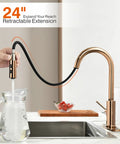 Copper Rose Gold Pull-Down Kitchen Faucet With Dual Function Spray Head For Dish Rinsing And Pot Filling, high arc style in use
