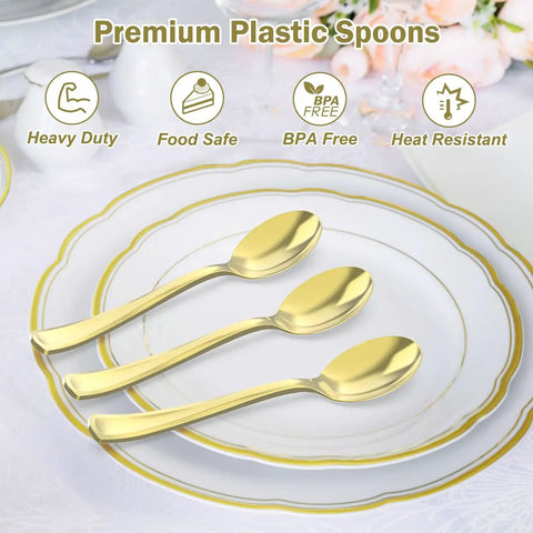 Heavy Duty Gold Plastic Spoons Disposable BPA Free Heat Resistant Premium Solid Design 100 Count Party Supplies Bulk Durable