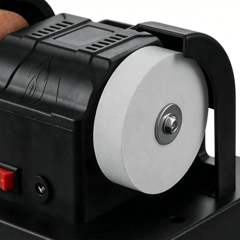 Close-up view of the dual polish disc on a Badass Compact Table Grinder Featuring Dual Polish Discs For Quick Blade Sharpening.