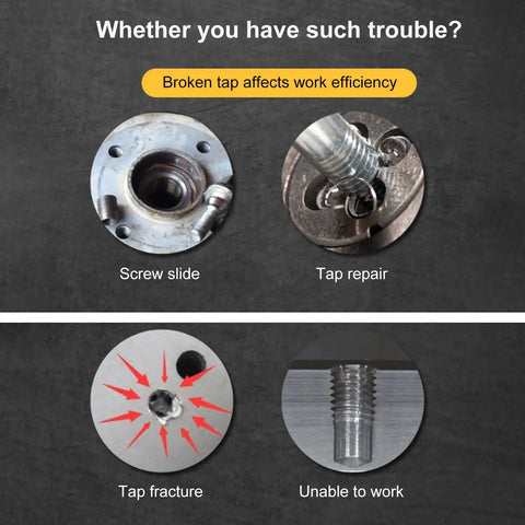 Examples of broken taps affecting work efficiency, with slides showing tap repair, screw slide, tap fracture, and the inability to work.