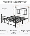 Queen Metal Platform Bed Frame Featuring Victorian Headboard And Footboard Extra Heavy Duty Steel Slats No Box Spring Needed Zero Squeak Sleep Rock Solid Black dimensions and specifications