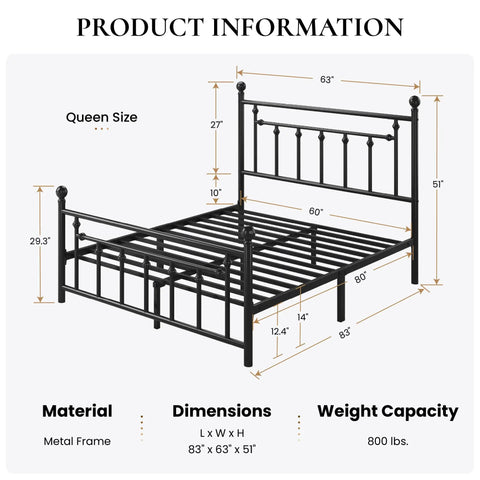 Queen Metal Platform Bed Frame Featuring Victorian Headboard And Footboard Extra Heavy Duty Steel Slats No Box Spring Needed Zero Squeak Sleep Rock Solid Black dimensions and specifications