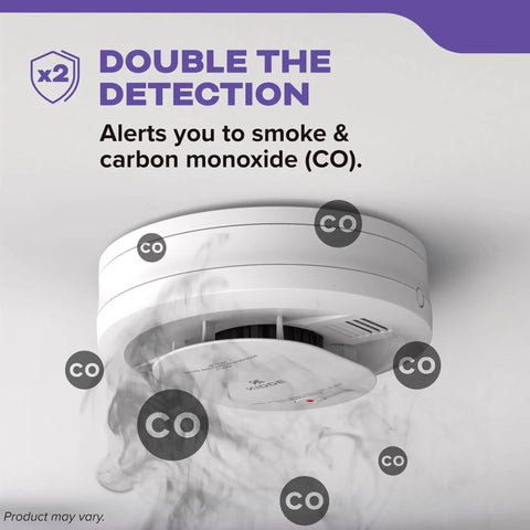 Front view of Smoke And Carbon Monoxide Detector With 10 Year Battery Power And Hardwired Interconnected Units 2 In 1 Fire Alarm installed emitting smoke
