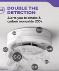 2 In 1 Smoke And Carbon Monoxide Detector With 10 Year Battery For Home Safety No Nonsense Protection Model 30CUD10 V 1 Pack Fast Smoke Detection 85 Decibel Alarm Red LED Indicator, wall-mounted white detector with CO icons