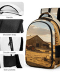 Tractor Barn Farm Landscape Printed Backpack For Unisex Everyday Use With Large Capacity Durable Polyester Daypack For School Travel Or Work Breathable Comfort Zippered Compartments, featuring barn and tractor design, detailed views of handle, strap, zipper, and side pockets.