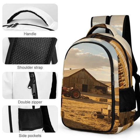 Tractor Barn Farm Landscape Printed Backpack For Unisex Everyday Use With Large Capacity Durable Polyester Daypack For School Travel Or Work Breathable Comfort Zippered Compartments, featuring barn and tractor design, detailed views of handle, strap, zipper, and side pockets.