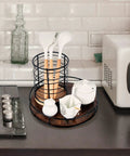 12 Inch Lazy Susan Slick Counter Turntable Kitchen Spice Rack Rustic Brown Wood Swivel Tray with kitchen utensils and containers.