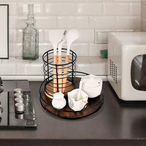 12 Inch Lazy Susan Slick Counter Turntable Kitchen Spice Rack Rustic Brown Wood Swivel Tray with kitchen utensils and containers.