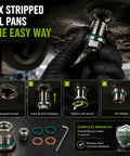 Top Tier Oversize Piggyback Oil Drain Plug Kit That Totally Fixes Worn Engine Threads With Leakproof Seal And Durable Stainless Steel Self Tapping Design, repaired oil pan shown