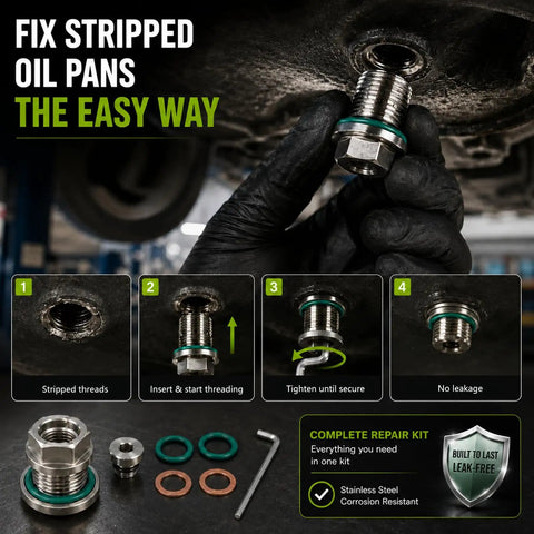 Top Tier Oversize Piggyback Oil Drain Plug Kit That Totally Fixes Worn Engine Threads With Leakproof Seal And Durable Stainless Steel Self Tapping Design, repaired oil pan shown
