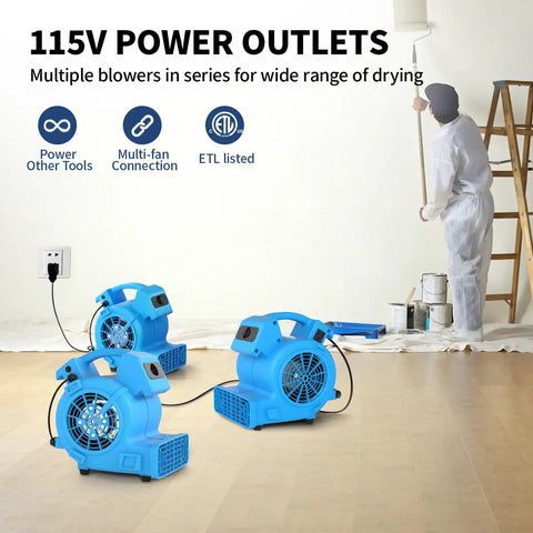 Three Powerful Air Mover 1/8 HP 550 CFM Carpet Dryers connected in series, illustrating daisy chain feature for home and janitorial use.