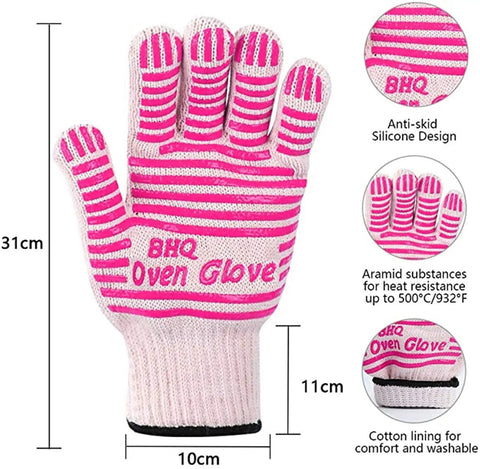 Extreme Heat Resistant Oven Gloves for BBQ Grilling and Baking Pink Heat Proof Cooking Mitts with Superior Grip shown in pink.