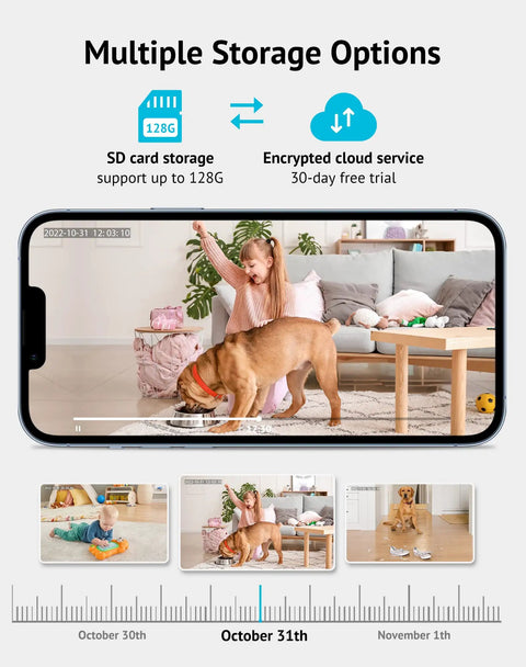 Indoor All-In-One Home Security Cam For Baby Monitoring And Pet Surveillance, 1080P HD live view on phone screen with dog and child