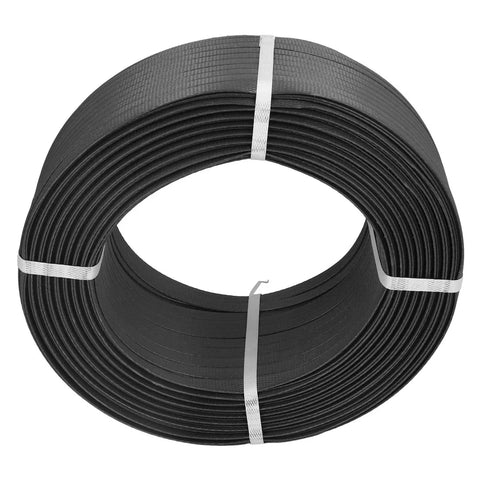 Heavy Duty Manual Packing Strap For Industrial Baler Gear Tough As Nails Pp Plastic Strapping Rope With Beefy Locking Tension Black Packaging Tape One Full Roll stacked in a coil.