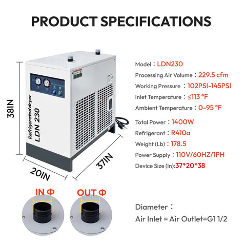 Beast Heavy Duty 40HP 30KW Rotary Screw Air Compressor With Refrigerated Dryer VSD Drive 185 CFM At 125 PSI 220V 3 Phase Industrial Air System All In One For Clean Dry Air On Tough Jobs, LDN230 dryer specs
