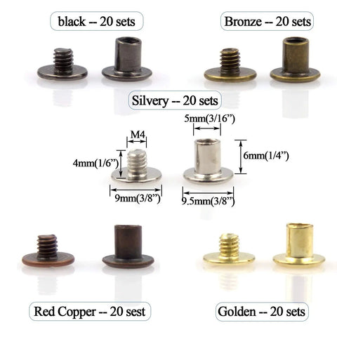100 Sets Assorted Chicago Screws Kit For DIY Leather Craft In 5 Colors Black Silver Gold Bronze Red Copper 6mm Post Height 9mm Head Diameter 5mm Shank Includes Book Binding Posts And Nail Rivets displayed