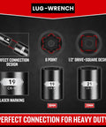 Telescoping Lug Wrench Set With 19mm And 21mm CR-V Steel Sockets, Extended Lug Nut Removal Tool For Cars, Trucks And Vans, Carry Bag Included, Slip Free Fit For Quick Tire Changes On The Road displaying perfect connection design and laser marking on sockets.