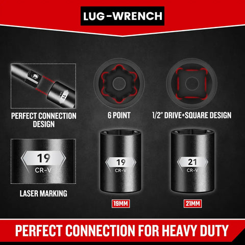 Telescoping Lug Wrench Set With 19mm And 21mm CR-V Steel Sockets, Extended Lug Nut Removal Tool For Cars, Trucks And Vans, Carry Bag Included, Slip Free Fit For Quick Tire Changes On The Road displaying perfect connection design and laser marking on sockets.