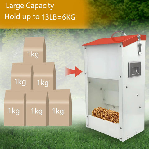 Heavy Duty Gravity Automatic Pet Feeder Galvanized Steel Food Trough Auto Refill Dispenser with food storage capacity.