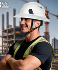 Worker wearing Full Brim Hard Hat With Vented Design Adjustable Fit Lightweight Construction Safety Helmet With Sunshade Built For The Job Site Industrial Head Protection ANSI Approved All Day Comfort at construction site