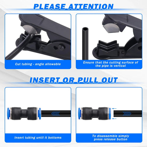 Instructions using 55 Piece Air Line Tubing Kit With 1/4 And 3/8 Inch DOT Air Lines; cutting and connecting tips shown.