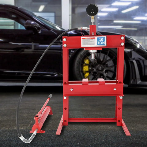 Heavy Duty 10 Ton H Frame Hydraulic Press With Slick Pressure Gauge, Robust Benchtop Shop Press, Manual Pump, ready for metal shaping.