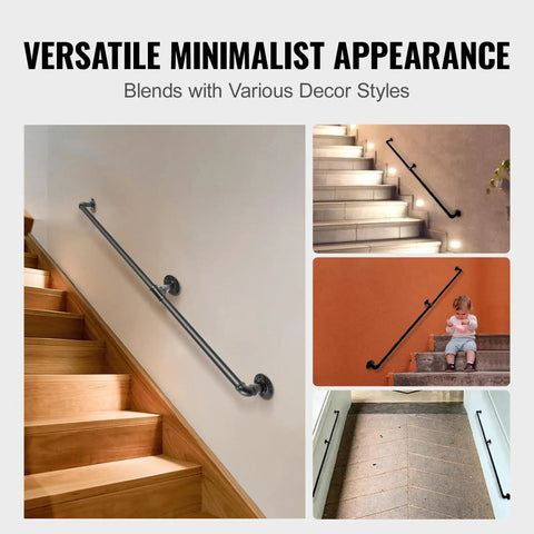 Rock Solid Six Foot Carbon Steel Staircase Handrail With Heavy Duty Wall Mounts Job Site Grade Industrial Pipe Railing Supports Four Forty Pounds Clean Rounded Edges Shop Ready For Porch Or Deck on various stairs
