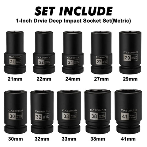 Ten Piece 1 Inch Drive Deep Impact Socket Set Metric Chrome Molybdenum Steel 21mm To 41mm Deep Well 6 Point Axle Nut Sockets For Automotive And Garage Use