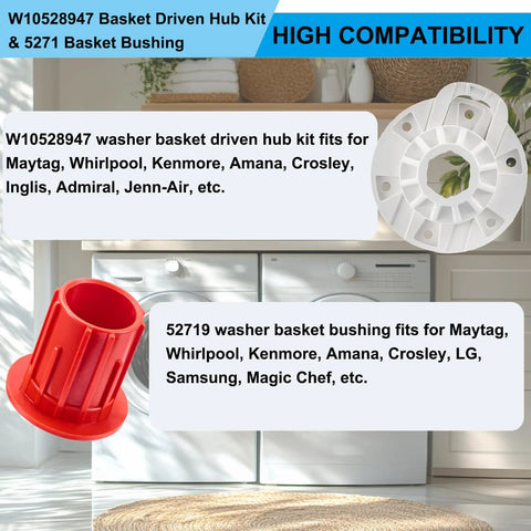 Washer Basket Driven Hub Kit With Bushing Assembly For Whirlpool Maytag Kenmore Washers Replacement W10528947 52719 AP5665171 2684908 Easy Install Ready To Roll showing hub and bushing