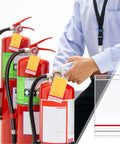 Heavy Duty Resealable Fire Extinguisher Tag Covers 100 Pack Crystal Clear Waterproof Plastic Inspection Sleeves With Slick Side Opening For Hassle Free Yearly Safety Checks on fire extinguishers.