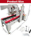 Heavy Duty Plug And Play Automatic Case Sealing Machine And Dual Flap Box Tagger With Smooth Conveyor Belt dimensions with tools shown.