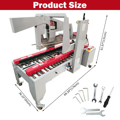 Heavy Duty Plug And Play Automatic Case Sealing Machine And Dual Flap Box Tagger With Smooth Conveyor Belt dimensions with tools shown.